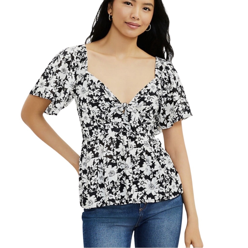 LOFT Black and White Floral Blouse